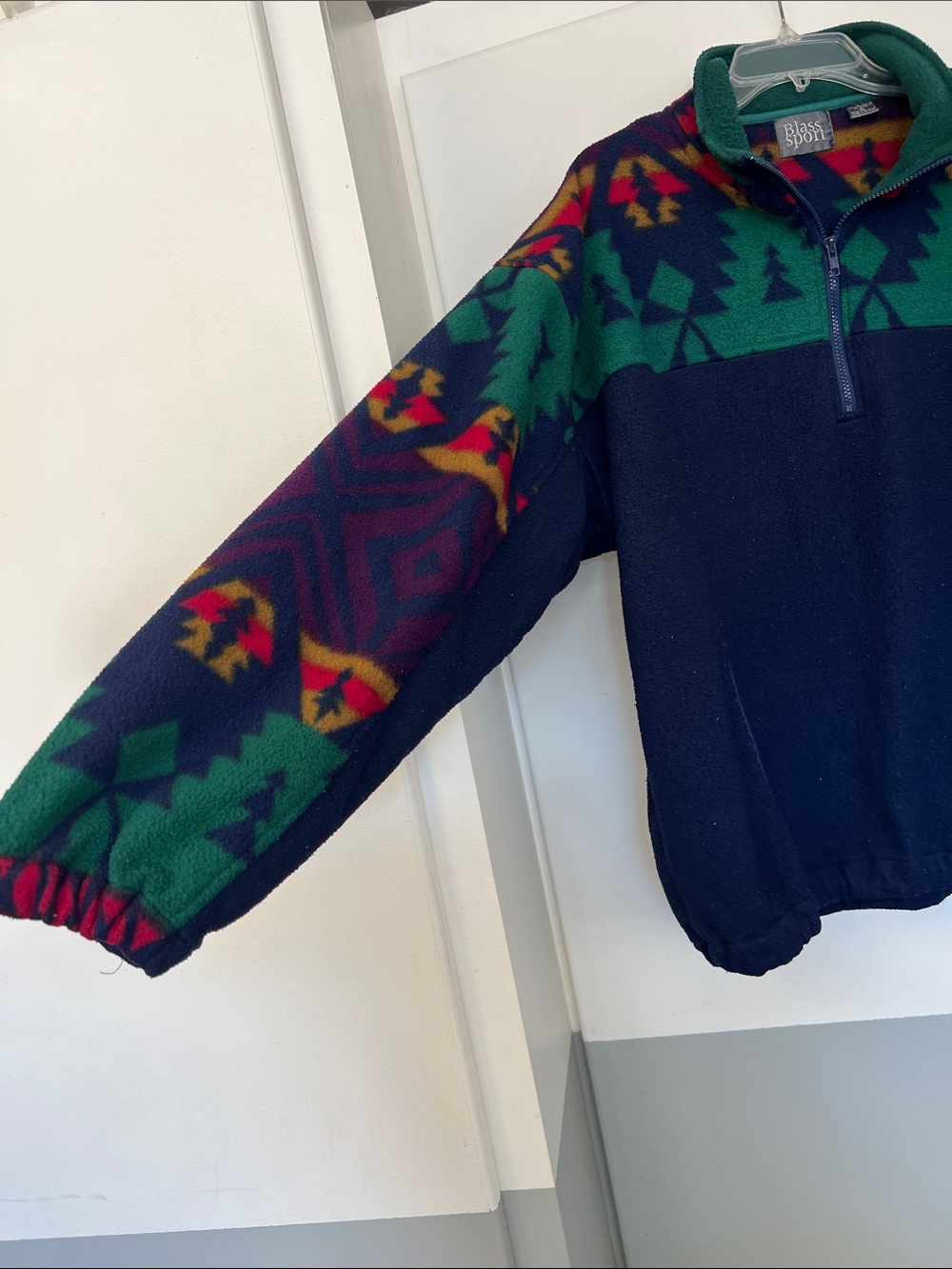 Men's Navy Fleece Quarter-Zip Pullover Green Aztec Pattern Distressed Thrashed
